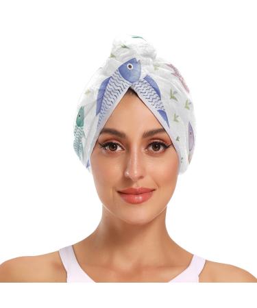 Rainbow Fishes Hair Towel 2 Pack Super Absorbent Hair Drying Towel Quick Dry Hair Turbans Head Towel with Button Twisty Wrap for Women Girls