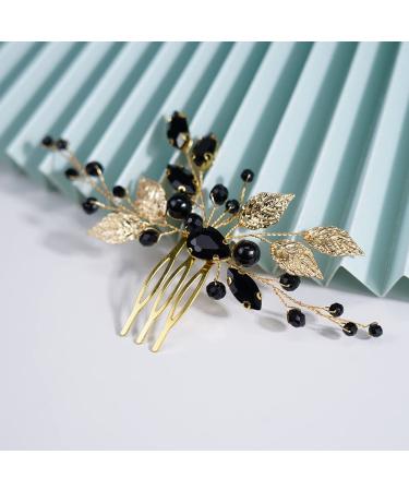 Teyglen Bridal Wedding Gold Leaf Hair Combs Black Rhinestones Crystal Side Hair Comb Leaves Crystal Bride Hair Accessories for Women and Girls