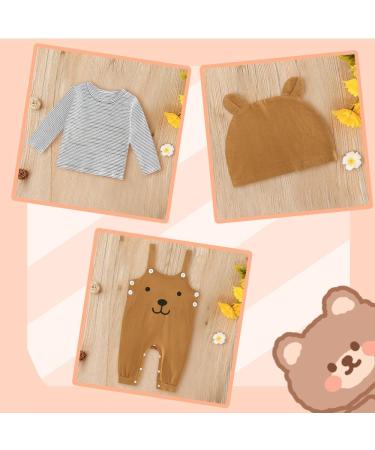Infant Baby Boys 3pcs Clothing Set | Newborn Cotton Romper Outfits | Toddler Kids Pyjamas | Long Sleeve T-shirt + Dungarees + Hat | Brown | 0-3 Months - Buy Online on GoSupps.com