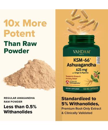 VAHDAM KSM -66 Ashwagandha 625 mg with Ginger & Piperine Support Stress Relief (120 Capsules) - Buy Online on GoSupps.com