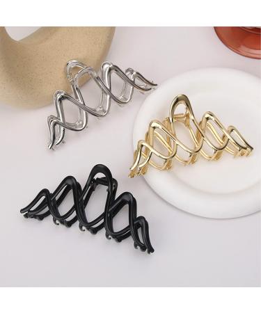 3Pcs Hair Clips Metal Claw Clips Silver Claw Clips Shark Claw Clips Large Hair Clips for Thick Hair Fun Wave Hair Clips for Girls Strong Hold Barrette Hair Accessories for Women