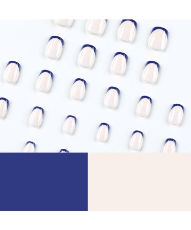 Mouyouglow Short Press On Nails - Square White & Cobalt Blue French Tips | Artificial Fingernails with Glue - Dark Blue Tip Design - Buy Online on GoSupps.com