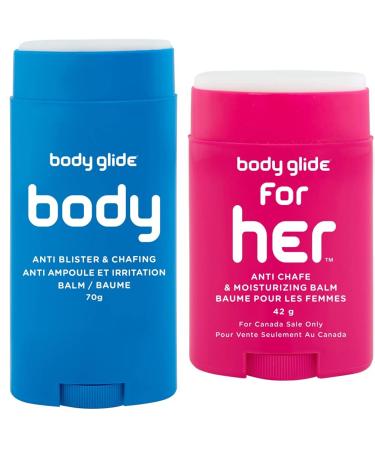 Body Glide Original Anti Chafe Balm Stick (for Canadian Sale Only) 70g & Body Glide for Her Moisturizing Anti Chafe Balm Stick (for Canadian Sale Only) 42g Magenta 70g Balm Stick + Balm Stick