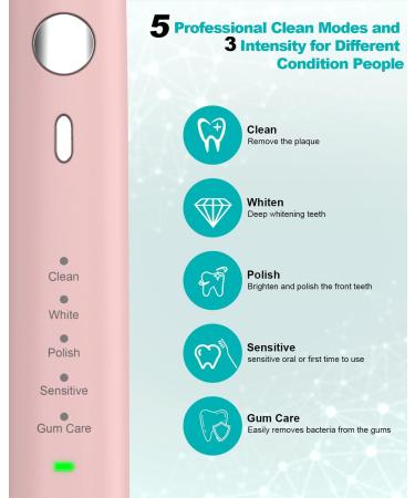 HUACO CARE Sonic Electric Toothbrush - 5 Modes, 3 Intensities, 2 Minutes Timer - Rechargeable & Wireless - 90 Days Battery Life - 4 Replacement Heads - Pink - Buy Online on GoSupps.com