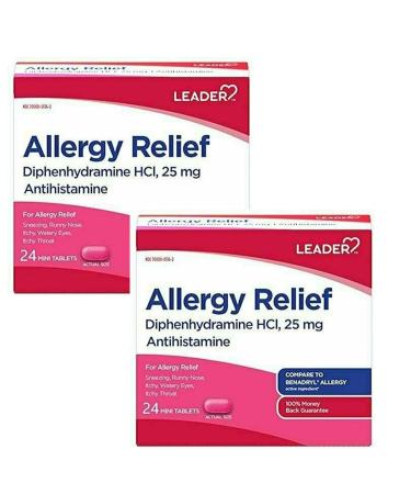Leader Antihistamine Allergy Relief Diphenhydramine HCl 25mg Mini Tablets 24 Count Pack of 2