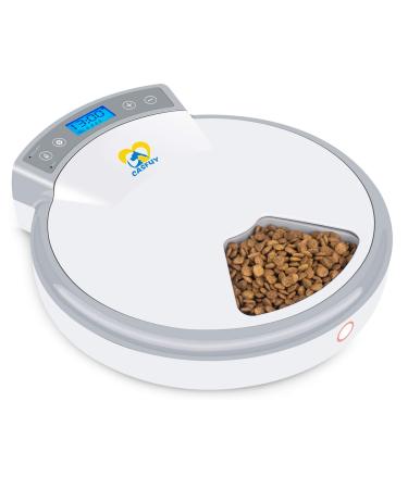 Casfuy 5-meals Automatic Cat Feeder - Auto Pet Feeder with Programmable Timer Dry and Wet Food Dispenser Voice Recorder & Speaker for Cat and Small Medium Dog Portion Control Dual Power Supply 5x240ml