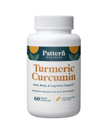 Pattern Wellness Turmeric Curcumin - 1300mg - 95% Curcuminoids with Bioperine Black Pepper Extract - Natural Joint  Health & Cognitive Support - Non-GMO  Gluten Free - 60 Capsules 60 Count (Pack of 1)