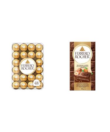 FERRERO ROCHER Fine Hazelnut Milk Chocolate Gift Box 48 Count Ideal Hostess Gift 600g & Premium Chocolate Bar Milk Chocolate with Hazelnuts and Almonds Bar 90g