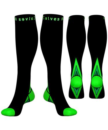 (2 Pairs)Compression Socks / Stockings for Men & Women Speed Up Recovery BEST Graduated Athletic Fit for Travel Running Nurses Shin Splints Flight & Maternity Pregnancy. Boost Stamina Circulation Black & Green L-XL