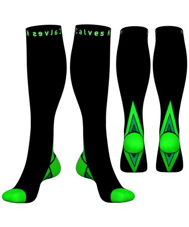 (2 Pairs) Compression Socks/Stockings for Men & Women Speed Up Recovery Best Graduated Athletic Fit for Travel Running Nurses Shin Splints Flight & Maternity Pregnancy. Boost Stamina Circulation Black & Green S-M