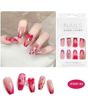 Long style Red Love V-shaped French Nail Bowknot Fake Nail Press On Nails with Nail Tips Cute Artificial Nails for Women and Gils - Buy Online on GoSupps.com