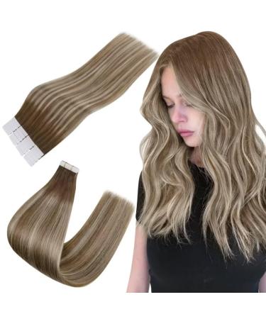 Easyouth Tape in Human Hair Extensions Brown Balayage Tape in Hair Extensions Ombre Medium Brown to Platinum Blonde Glue in Extensions Real Hair 12 Inch 30g 20Pcs 12 Inch #6/60/6