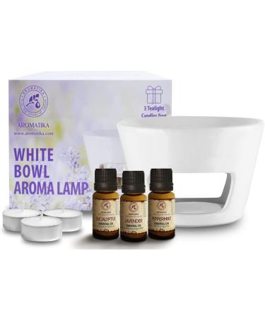Shop Ceramic Aroma Grener White Tealight Holder with Essential Oils Set - Lavender Peppermint & Eucalyptus for Aromatherapy & Relaxation - Buy Online on GoSupps.com