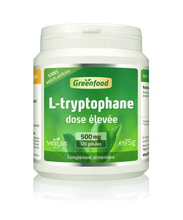 Greenfood L-Tryptophan 500 mg 120 Capsules - No Artificial Additives - Non-GMO - Lactose Free - Gluten Free - Vegan.