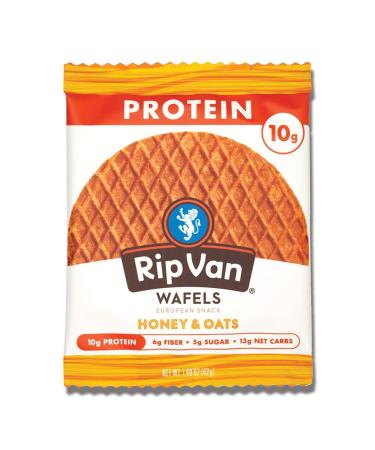 Rip Van Wafels Honey & Oats Stroopwafels - High Protein Snacks (10g Protein) - Non GMO Snack - Keto Friendly - Office Snacks - Healthy Snacks - Low Sugar (5g) - 12 Pack Honey & Oats 12 Count