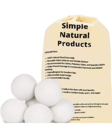 Simple Natural Products Wool Dryer Balls - Fabric Softener and Dryer Sheets for Laundry Supplies  Reusable Wrinkle and Static Guard Wool Balls  Unscented for Sensitive Skin (6 XL Pack)
