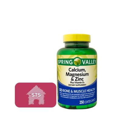 Spring Valley | Calcium Magnesium & Zinc Plus Vitamin D3 | 250 Coated Caplets | Healthy Bones Teeth Nerve Muscle Heart & Immune Function + STS Sticker.