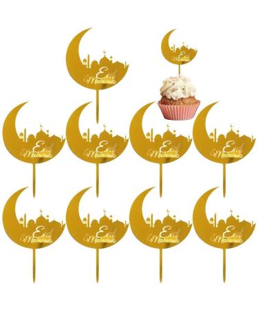 Eid Mubarak Cupcake Toppers 10pcs Eid Acrylic Cupcake Topper Ramadan Cake Decorations Kareem Party Supplies for Muffin Cake Gold
