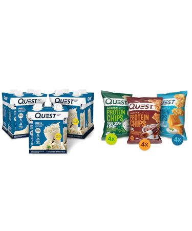 Quest Vanilla Protein Shake High Protein Low Carb Gluten Free Keto Friendly 11 Fl.Oz 4 Count (Pack of 3) & Quest Nutrition Protein Chips Variety Pack (BBQ Cheddar & Sour Cream Sour Cream & Onion) High Protein Low