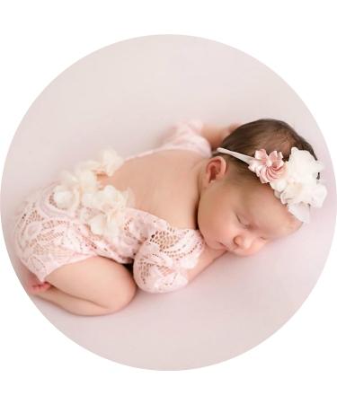 Yuehuam Newborn Girl Lace Rompers Photography Outfit with Flower Headband - Pink - Buy Online on GoSupps.com