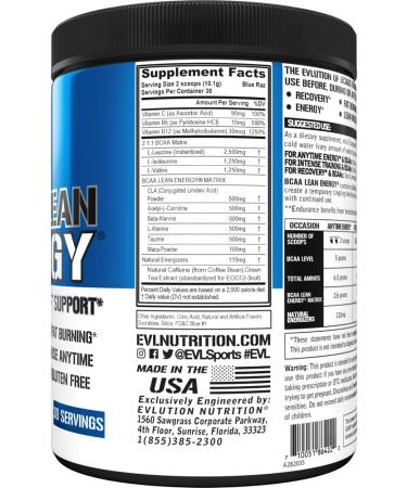 EVLution BCAA Lean Energy - Blue Raz Flavor (10.60 oz) | Boost Energy & Recovery - Buy Online on GoSupps.com