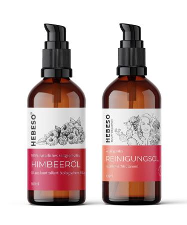 HEBESO 100% Pure and Natural Cold-Pressed Raspberry Seed Oil + Rejuvenating Cleansing Oil Kit 100ml x 2 | Anti-aging Vitamin A/E EFA & 5 Nourishing Oils | Natural Skincare