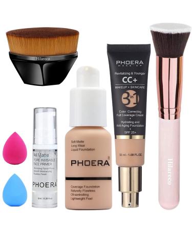 PHOERA Foundation,PHOERA CC+ Cream Color Correcting Anti Aging Hydrating Serum &SPF 25+,PHOERA Primer, PHOERA Makeup, Kabuki Makeup Brushes Foundation Brush Powder (103 Warm peach+120 Nude CC Cream)