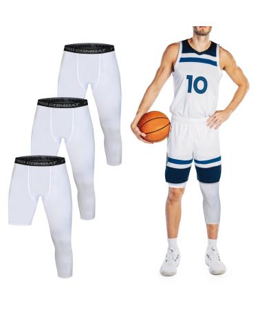 3 Pack Men's Compression Pants Single Leg 3/4 Basketball Tights Leggings Athletic Running Tights One Leg Base Layer Underwear White Small