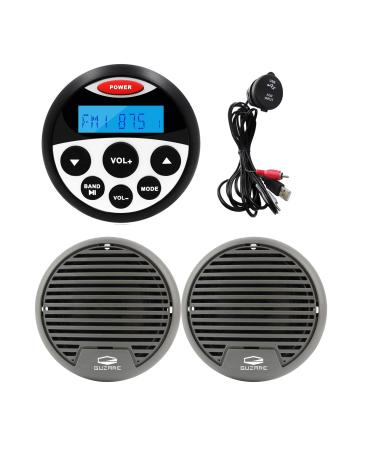 GUZARE Marine Stereo and Boats Stereo Waterproof Radio Speaker Package Bluetooth MP3 USB AM FM AUX in Marine Radio with 3 Inch x 2 Black Speakers and USB 3.5MM AUX Interface Mount Cable 304-061-057