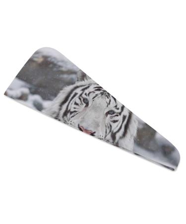 White Tiger Snow Microfiber Hair Towel Wrap for Women 10 Inch X 26 Inch Super Absorbent Hair Turban with Button