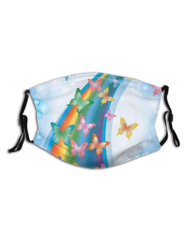 Colorful Background with Rainbow Butterflies Bubbles Fairy Cheerful Graphic Cotton Washable Nose Wired Face Cover Filter Pocket Wide Cover with Filter