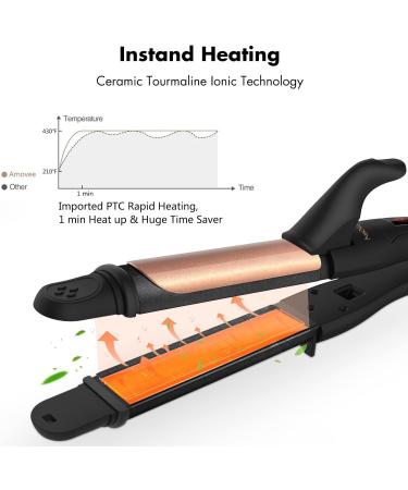 AmoVee 2-in-1 Travel Curling Iron & Hair Straightener - 1.25 Inch Ceramic Tourmaline Dual Voltage Adjustable Temp Rose Gold - Buy Online on GoSupps.com