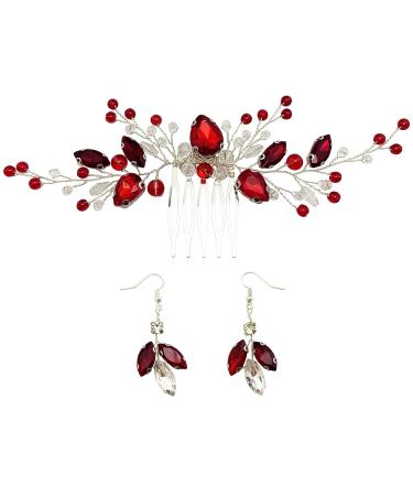 Wine Red Bridal Crystal Hair Comb and Earrings Set - Elegant Wedding Accessories for Women - Buy Online on GoSupps.com