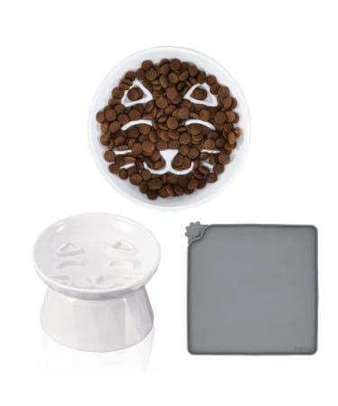 Frewinky Ceramic Slow Feeder Cat Bowls,Slow Feeder for Cats and Small Dogs,Elevated-Cat Slow Feeder Food Bowl and Mat