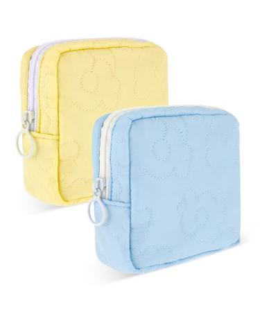 Embroidery Sanitary Napkin Storage Bag 2Pcs Portable Period Holder Bag Menstrual Cup Pouch Period Pad Pouch Menstrual Cup Pouch Tampon Holder Menstruation First Period Bag for Girls Women(Yellow+Blue)