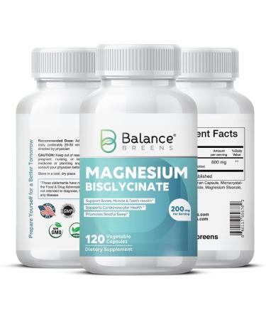 Balance Breens Magnesium Bisglycinate 200mg - 120 Vegan Capsules for Heart Health, Muscle Cramps, Bone Health & Mood - Non-GMO, Gluten Free - Buy Online on GoSupps.com