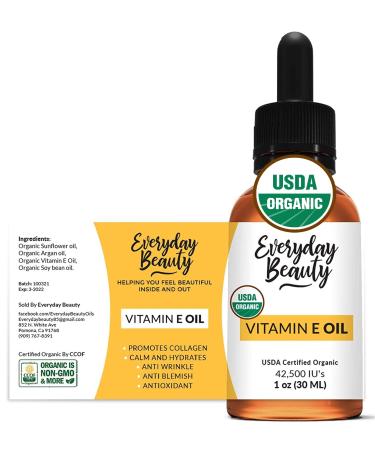 Organic Vitamin E Oil for Scars - USDA Certified 100% All Natural Plant Based 1oz - Light and Unscented Great for Facial Scars After Surgery - For Face, Skin and Nails - Reduce Wrinkles, Anti Aging, Lighten Dark Spots Unsc…