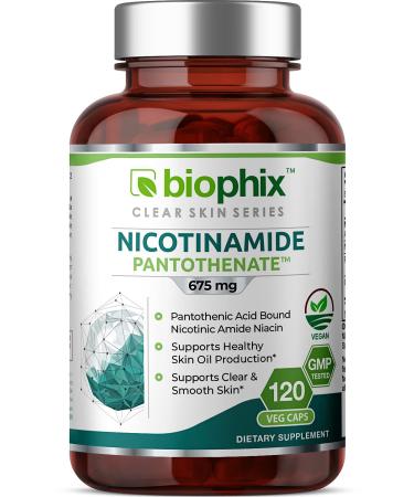 biophix B-3 Nicotinamide Pantothenate 675 mg 120 Vcaps - Clear Skin Series B5 Pantothenic Acid Natural Flush-Free Nicotinic Amide Niacin - Supports Skin Cell Health