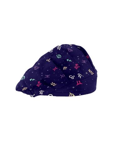 Womens Working Cap with Cotton Sweatband Bouffant Caps Adjustable Elastic Head Cover Hair Tie Back Work Hats Working Scrub Cap for Men One Size Colorful Zodiac Print