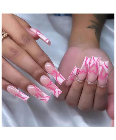 Press on nails french long square press on nails pink heart false nails long coffin long ballerina acrylic nails women girls 24 Pcs Style109