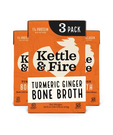 Kettle and Fire Turmeric Ginger Chicken Bone Broth, Keto, Paleo, and Whole 30 Approved, Gluten Free, High in Protein and Collagen, 3 Pack 16.9 Ounce (Pack of 3)