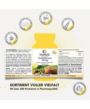 Nattokinase Capsules 50mg - 2000 FU Daily - 60 Capsules | Warnke Vitalstoffe - Premium German Pharmacy Quality for Heart Health - Buy Online on GoSupps.com