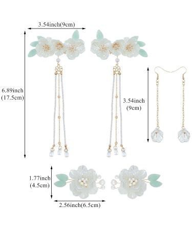 White Vintage Flower Pearl Barrette Earring Tassel Hair Pin Set - 3 Pairs | Kawaii Kimono Floral Hair Accessories for Women - Buy Online on GoSupps.com