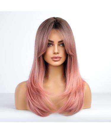 BASHA Long Pink Wig for Women | 26 Straight Synthetic Hair with Side Bangs | Dark Roots | Heat Resistant Natural Look | Ideal for Wedding, Halloween, Cosplay - Buy Online on GoSupps.com