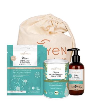 Mabyen pregnancy set |Natural cosmetics vegan natural care for pregnant women with 3x baby belly cloth mask 1x almond oil and 1x pregnancy tea stretch strips care - Buy Online on GoSupps.com