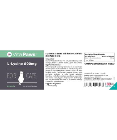 L-Lysine 500mg for Cats | 90 Sprinkle Capsules by VitaPaws | Supports Feline Immunity | UK Manufactured - Buy Online on GoSupps.com