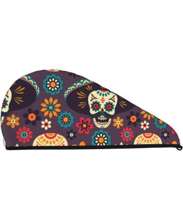 Microfiber Hair Drying Cap - Skulls & Flowers | Soft Quick-Dry Towel Wrap for Curly Long & Thick Hair - Buy Online on GoSupps.com