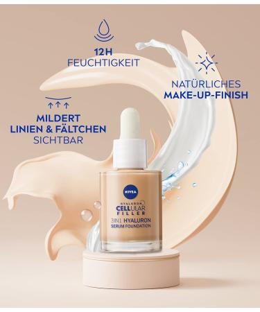Nivea 3in1 Hyaluron Serum Foundation Dunkel (30 ml) - Anti-Age Moisturizing Foundation for Youthful Skin - Buy Online on GoSupps.com