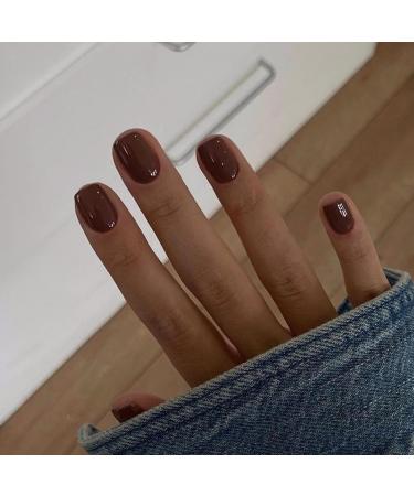 Brown Press on Nails - Short Square - 48 Pcs Thick Reusable Gel & Acrylic Fake Nails for Women - Natural Solid Color Brown Coffin Style - Buy Online on GoSupps.com
