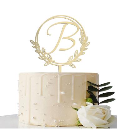 Vinisong Personalized Initial Letter B Golden Cake Topper Wooden Cake Decoration Wreath Cake Topper Perfect for Birthday Rustic Wedding Anniversary Keepsake Party Decoration
